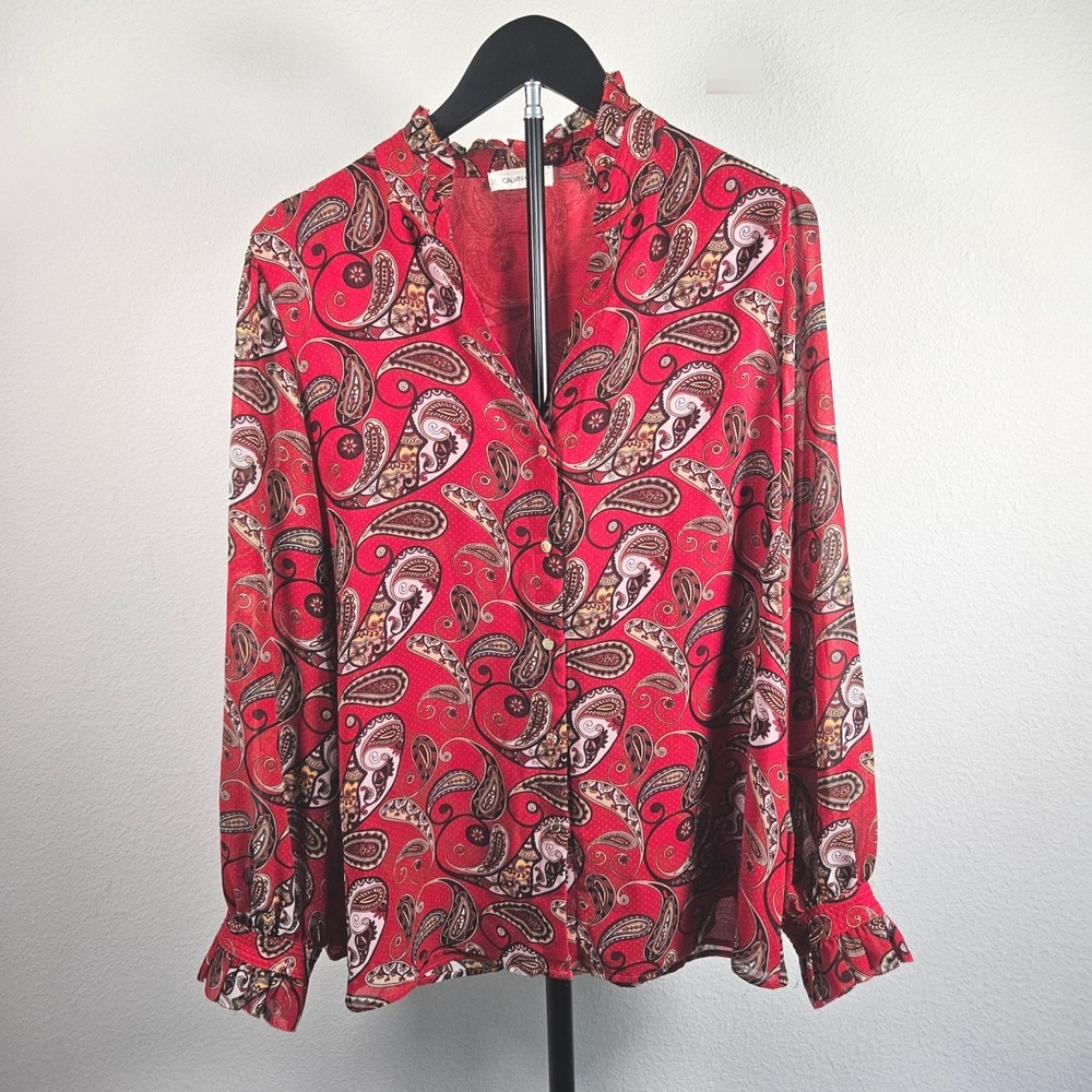 Calvin Klein Blouse Women No Size Tag Red Paisley Ruffle Neck Boho Professional